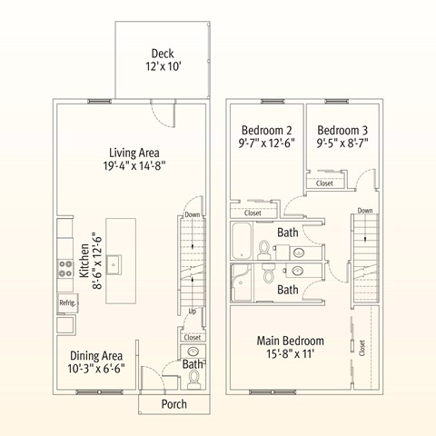 Floor plan for 3 beds, 2.5 baths, 1484 sqft
